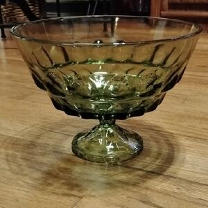 Vintage Hazel Atlas Olive Green Thumbprint Reflection Compote Pedestal Bowl 10”